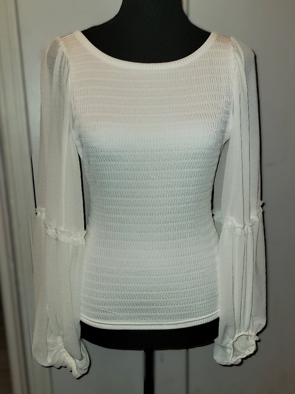 Anthropologie Cream Smocked - Semi Sheer Balloon Sleeve Top - S